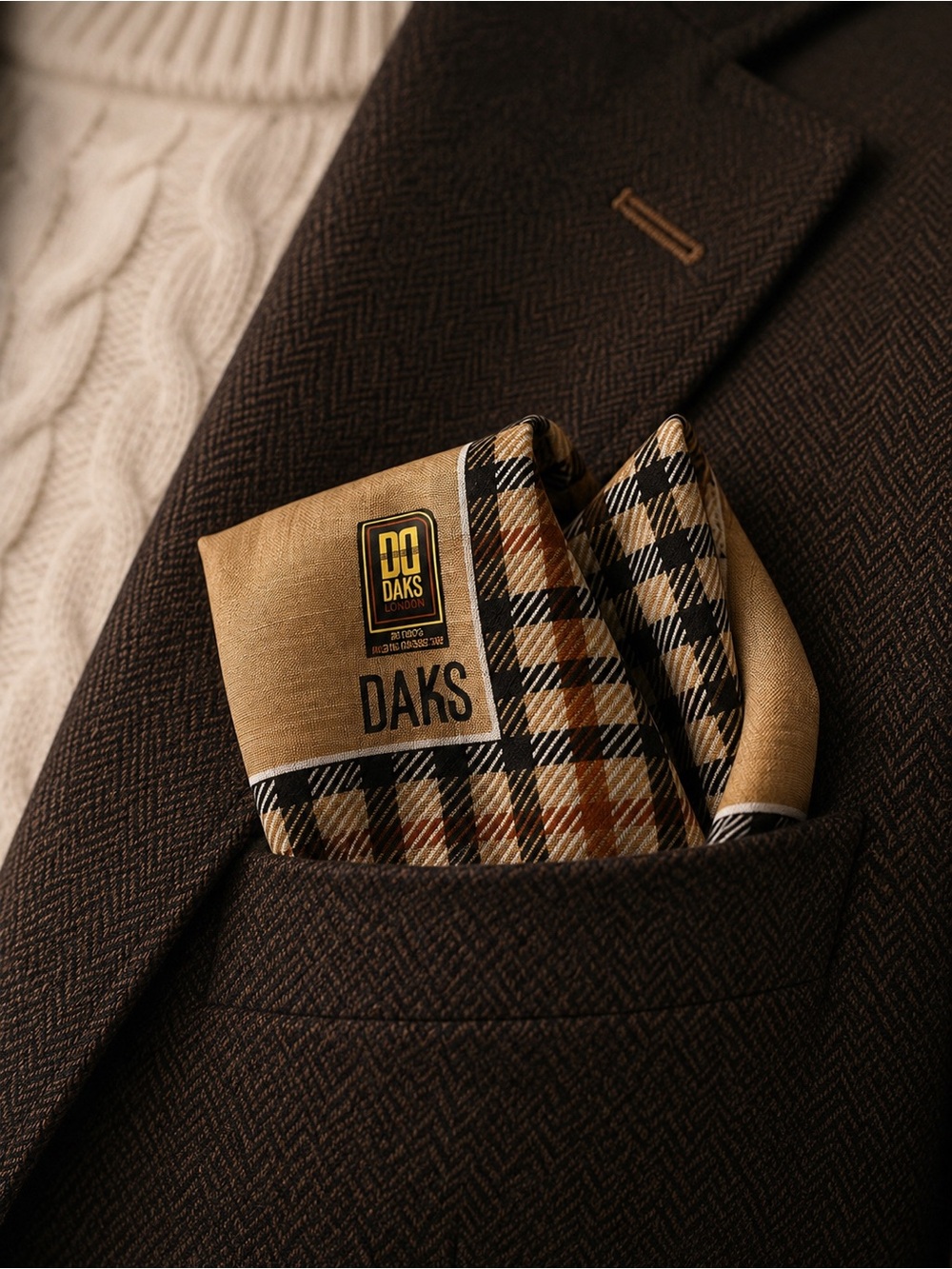 DAKS London Plaid Pocket Square Handkerchief Tan Black 100% Cotton
